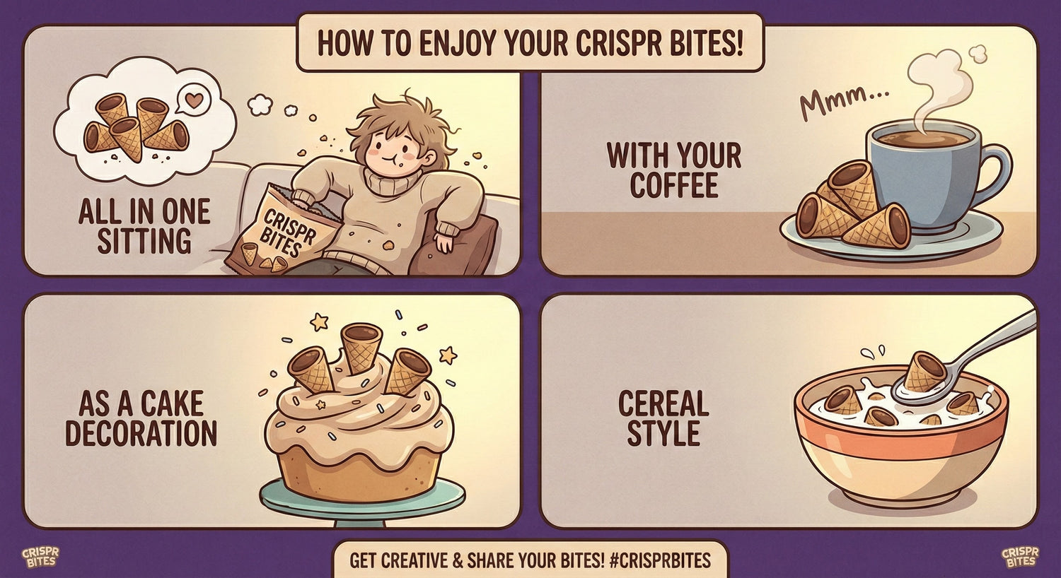 Cartoon illustration showing how to enjoy Crispr Bites with coffee, as a cake decoration, and cereal style.