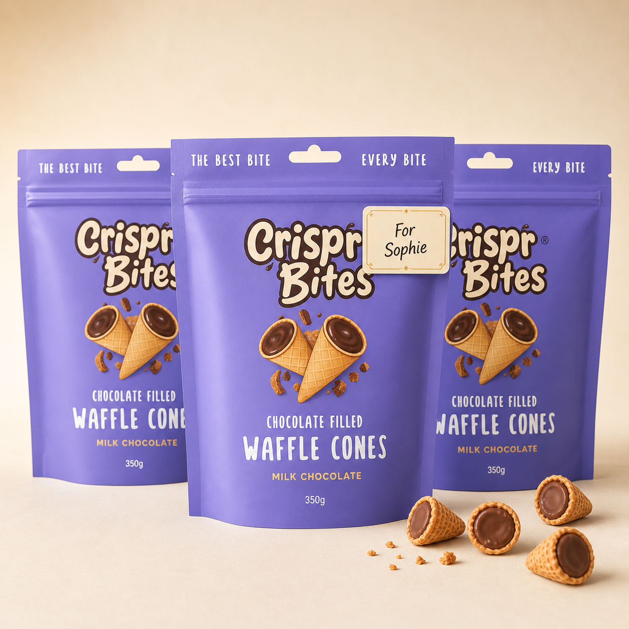 Three personalised Crispr Bites 350g gift bags with chocolate filled waffle cone bites