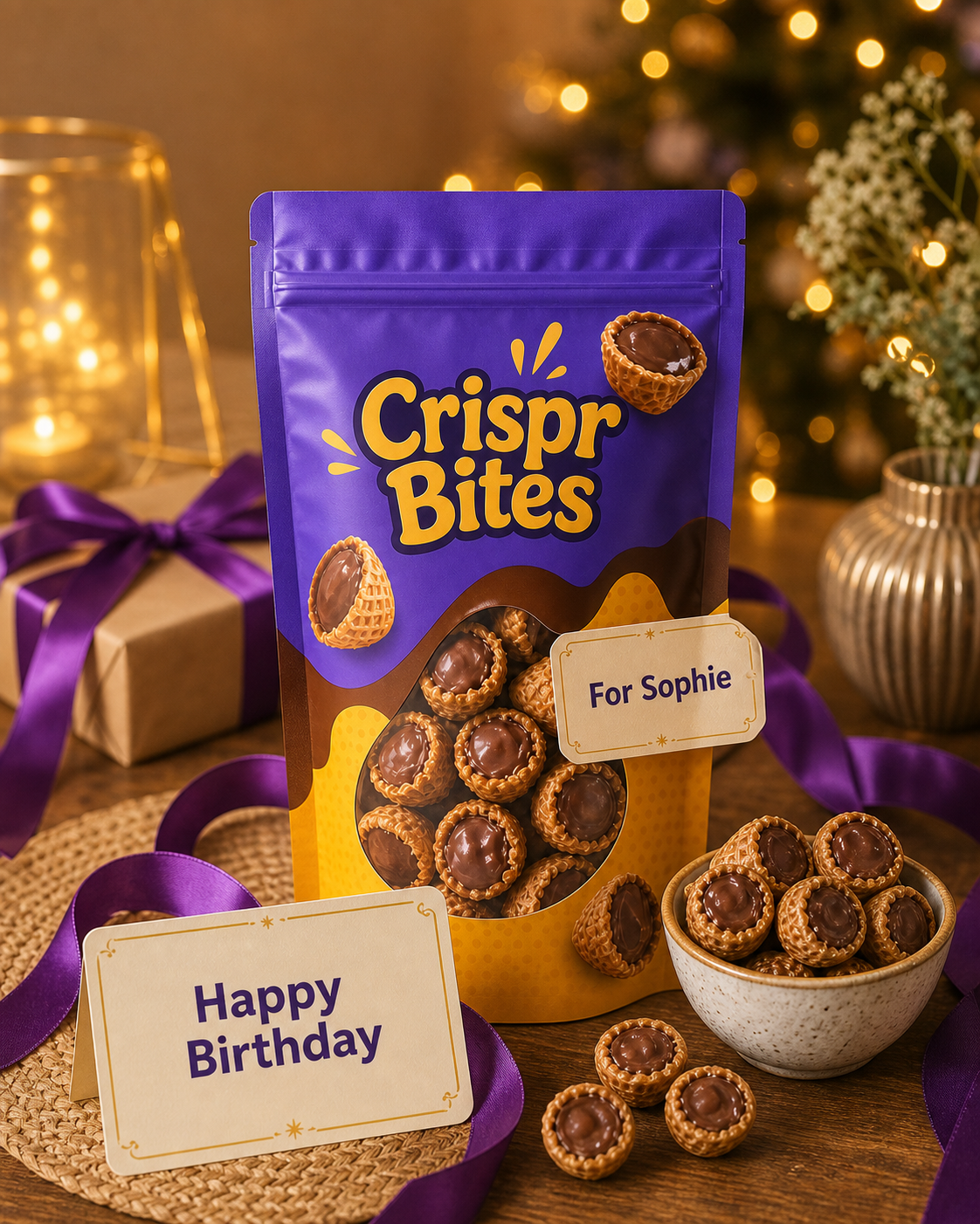 Personalised Crispr Bites 350g gift bag presented as a birthday or Christmas gift
